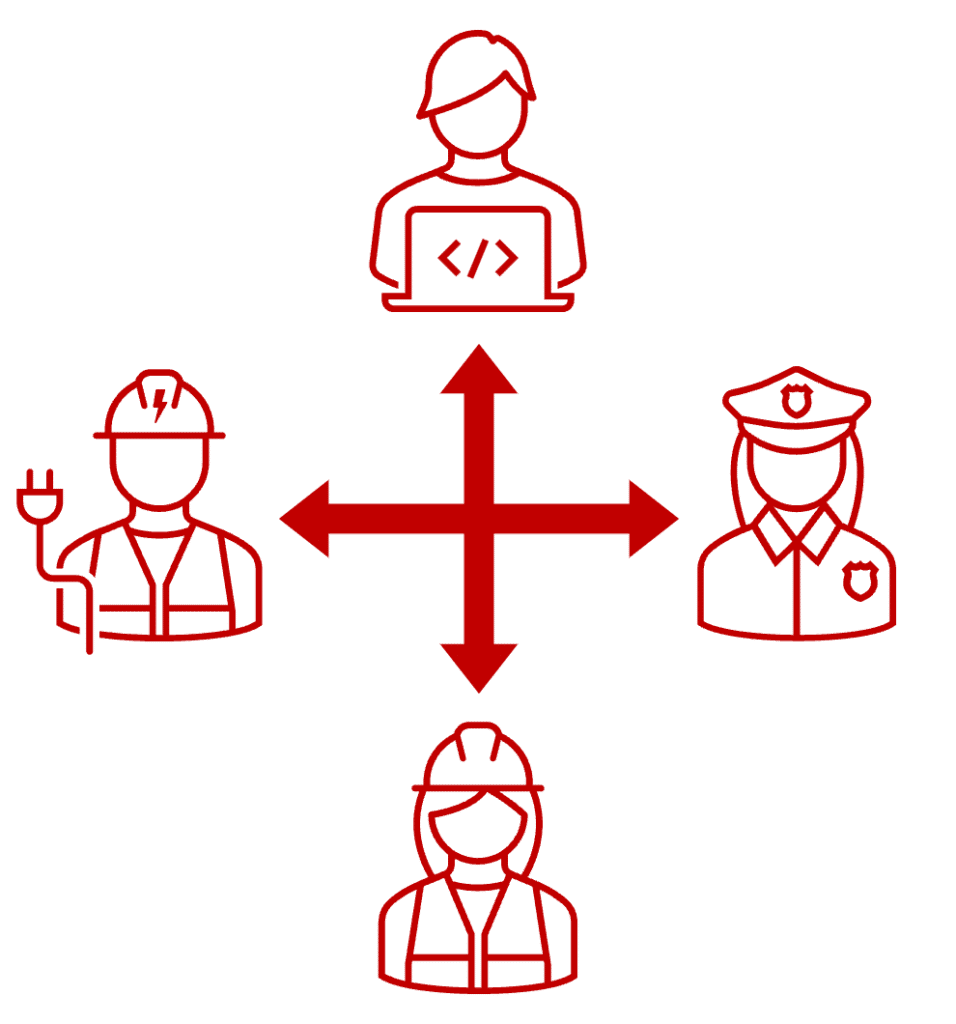 Rote Liniengrafik mit vier vernetzten Rollen aus IT, Sicherheit und technischer Infrastruktur. Die Darstellung symbolisiert Zusammenarbeit, klare Kommunikation und Sicherheitsbewusstsein im betrieblichen Risikomanagement.