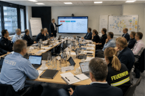 Security Awareness für mehr Sicherheit 24 Besprechung eines interdisziplinären Einsatzstabs aus Polizei, Feuerwehr und weiteren Behörden zur Abstimmung eines gemeinsamen Notfallkonzepts.