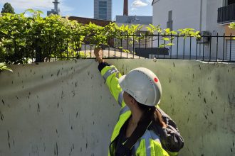 Eine Frau mit Helm und Sicherheitsweste zeigt bei sonnigem, klarem Wetter auf einen Sicherheitszaun als sichtbare Sicherheitsmaßnahmen auf einem Gelände.