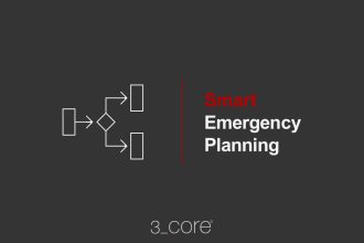White flowchart diagram on a dark background next to the words Smart Emergency Planning in red and white text, with 3_core logo below. Download Smart Emergency Planning for effective disaster readiness.